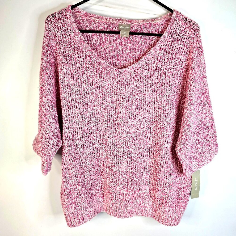 NWT Chicos Pink Tape Yarn Pullover V-Neck Sweater Size 2P Retail $90